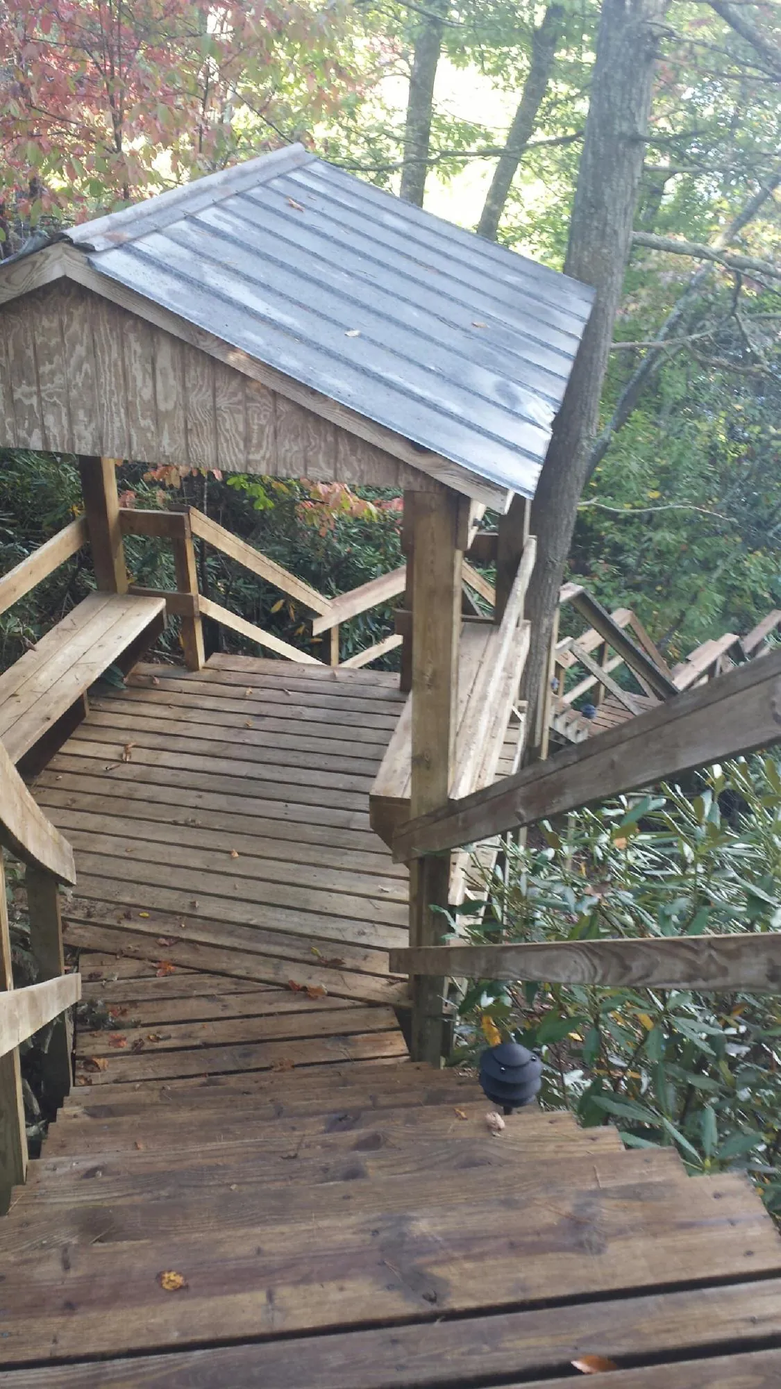 Metal roofed shelter over wooden steps on a wooded walkway — Skylight Repair & Installation work by our crew in Fallentimber